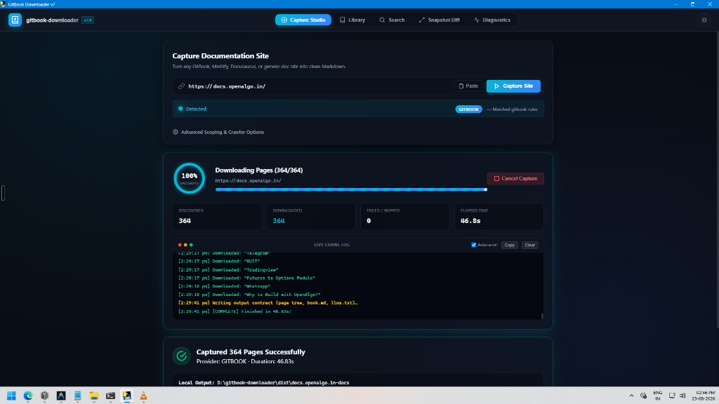 DocHarvest Capture Studio showing provider detection, download progress, and live capture logs