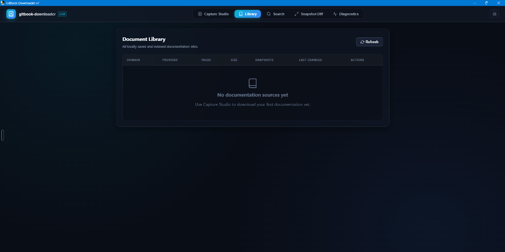 DocHarvest Document Library showing captured domains, providers, pages, and export actions